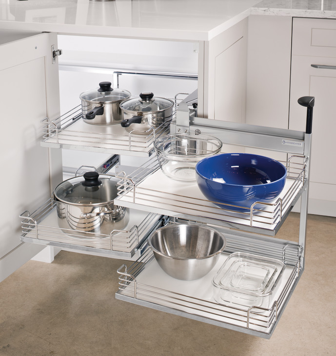 Blind corner kitchen cabinet featuring pullout storage system