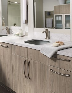 contemporary bath vanity with textured laminate