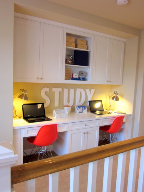 Double built-in home office desk with white shaker cabinets