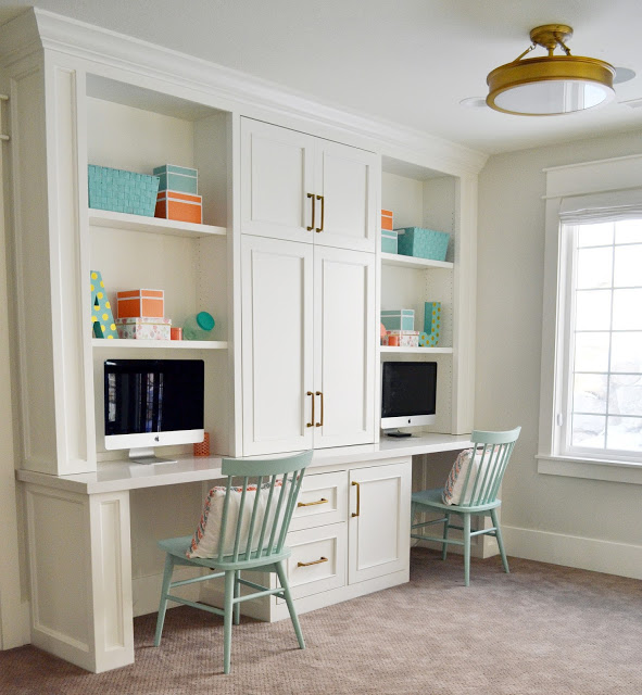 custom homework station with white shaker cabinets