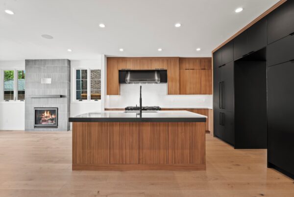 BKC Kitchen and Bath contemporary kitchen with black lacquer cabinets and flat panel wood cabinets