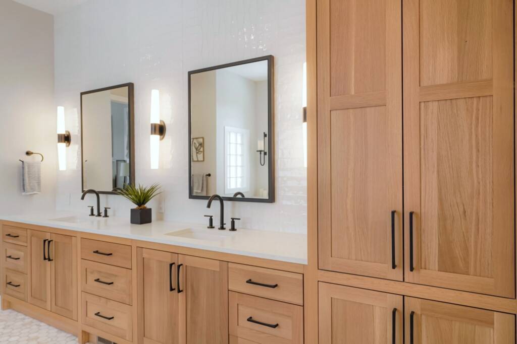 master bath remodel with rift-sawn white oak vanity cabinets