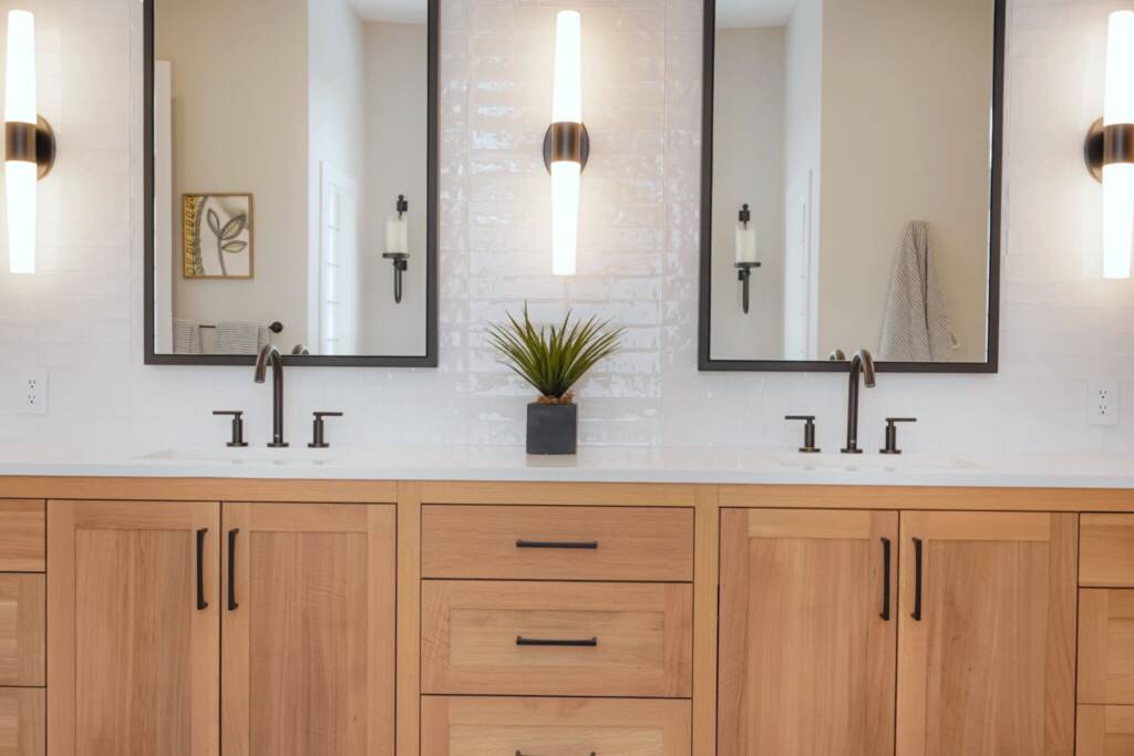 master bath remodel with rift-sawn white oak vanity cabinets