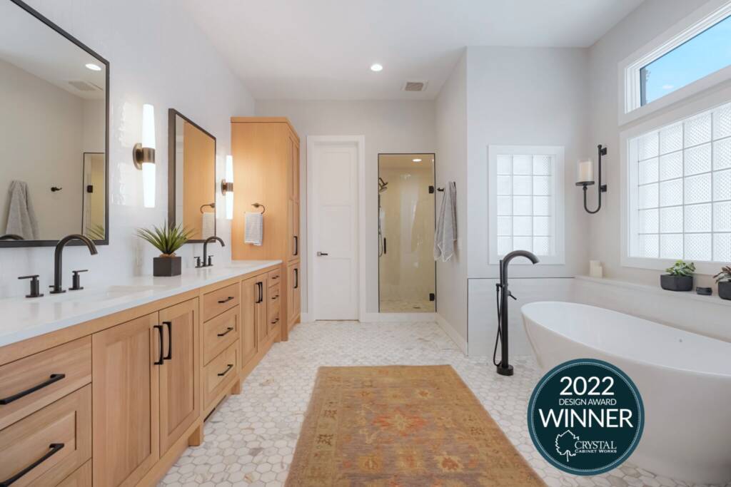 master bath remodel with rift-sawn white oak vanity cabinets