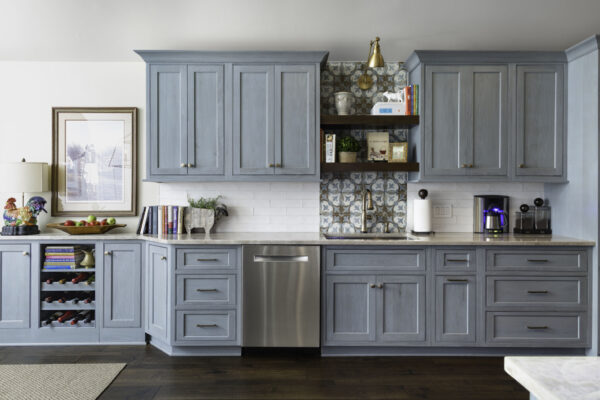 Kitchen with blue painted cabinets