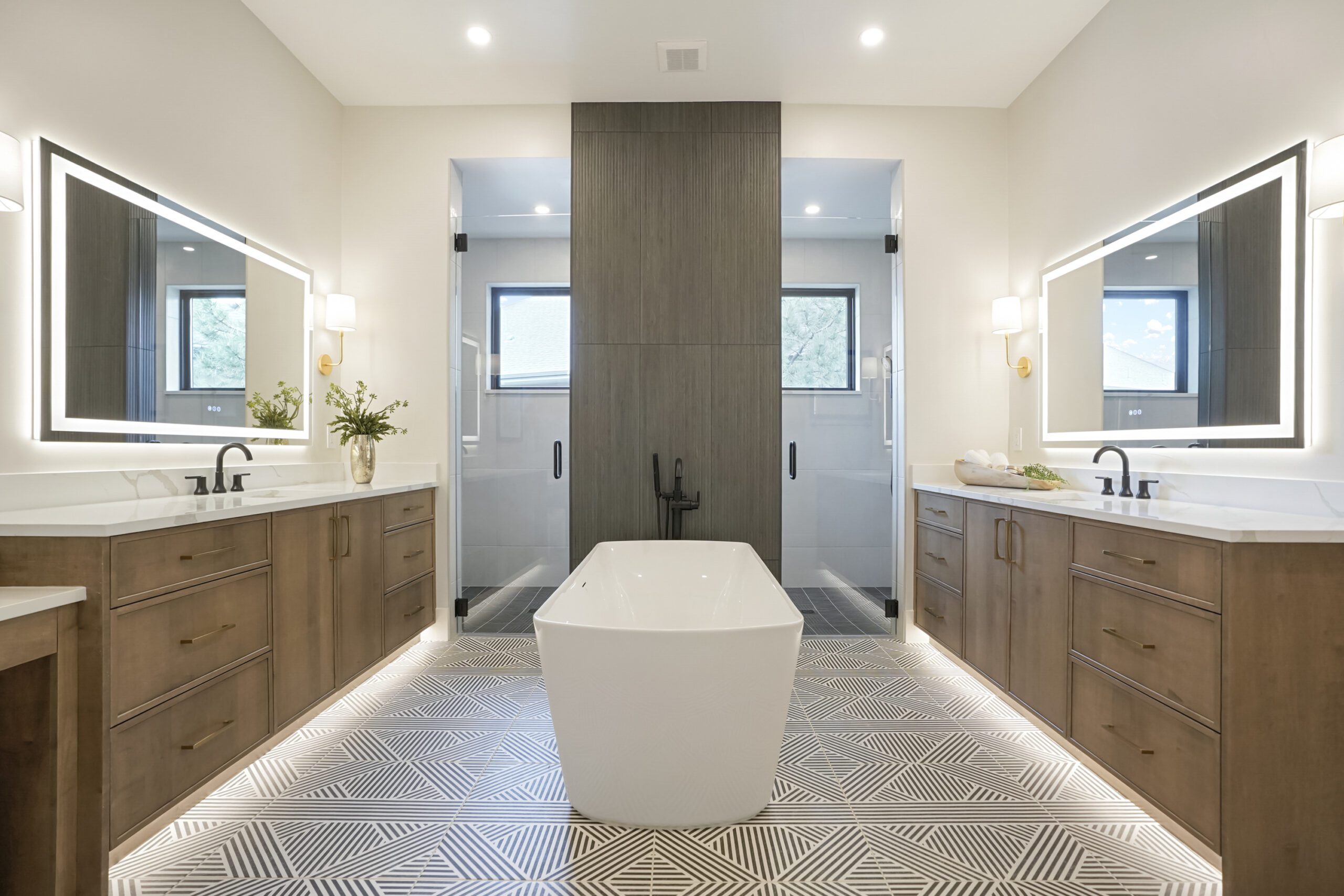 Modern walnut double vanities primary bath