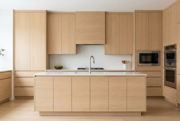 Modern kitchen featuring sleek Rift White Oak cabinetry, minimalist design, central island with sink, and integrated appliances, showcasing BKC Kitchen and Bath's innovative cabinet solutions.